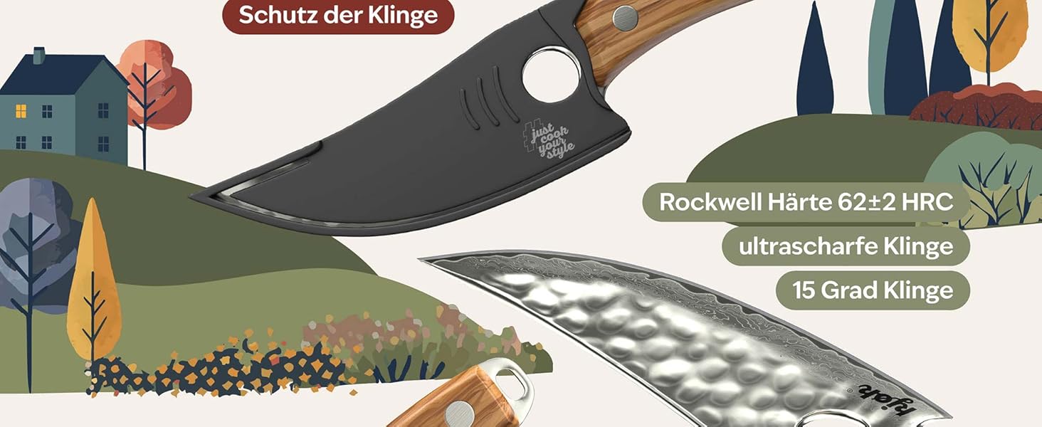 Преміум ніж Kjøk для кухні, м'яса, овочів, BBQ та кемпінгу - сталева клинка 56±2 HRC, ручка з оливкового дерева, 148 мм