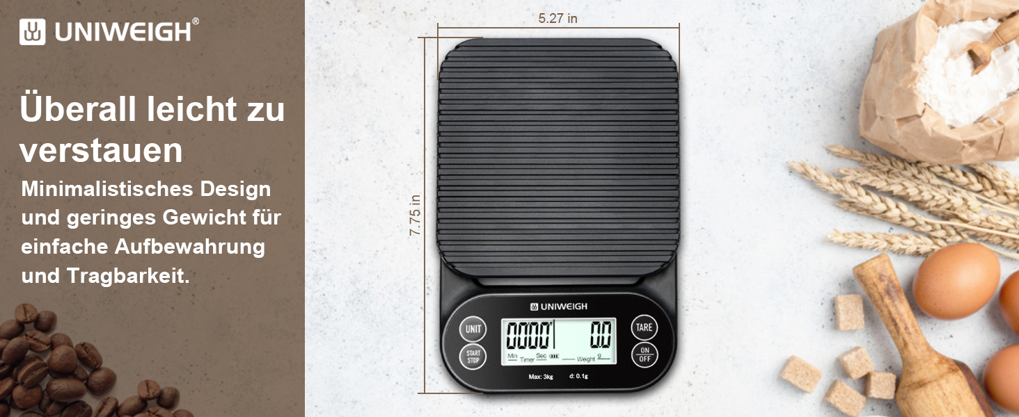 Ваги для кави UNIWEIGH з таймером 3кг/0,1г: високоточні ваги для еспресо з таймером, функцією Tara та LCD дисплеєм (батарейки в комплекті)