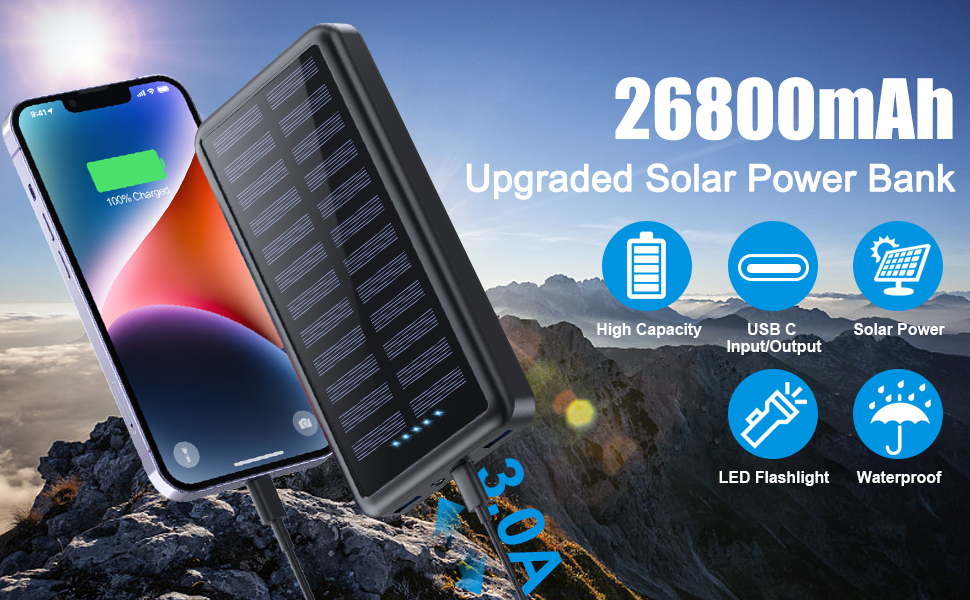 Power Bank 26800mAh USB-C Solar Powerbank PD 3.0A, Водонепроникний акумулятор з LED ліхтариком для iPhone/Samsung та кемпінгу, Чорний