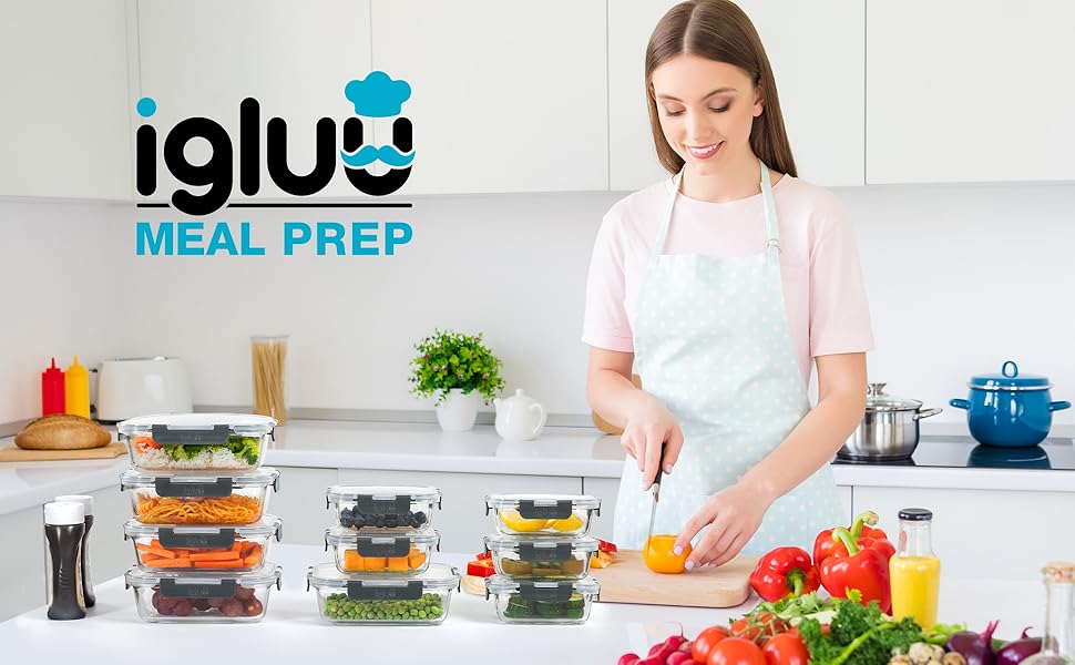 Набір контейнерів для їжі Igluu Meal Prep (10 шт.) – Borosilikatglas, BPA-free, мікрохвильова піч, морозильна камера, посудомийна машина, 370 & 1050 мл