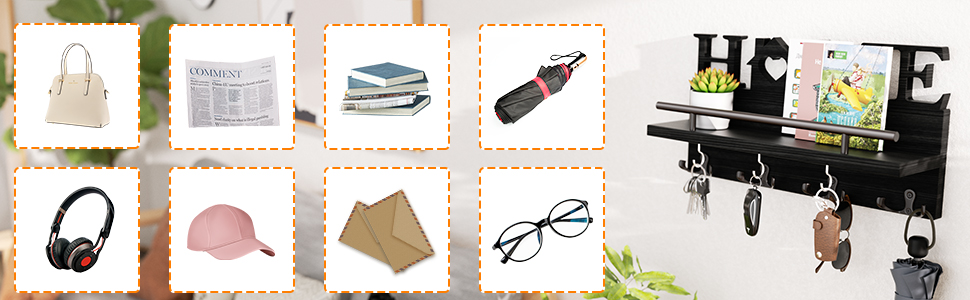 Дерев'яне ключниця-органайзер на стіну з полицею, 7 гачків, чорний, для дому