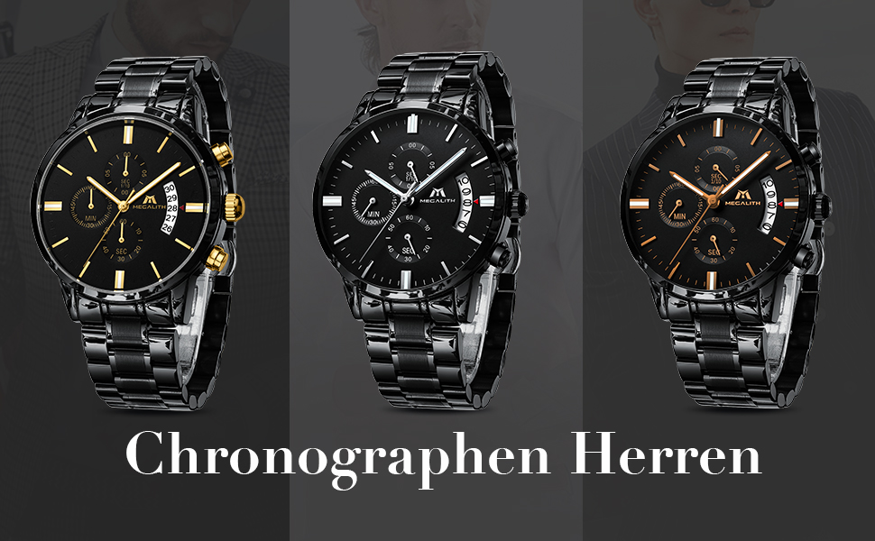Чоловічий годинник MEGALITH з нержавіючої сталі, хронограф, водонепроникний: велике циферблат, дата, стильний подарунок для чоловіків. Сталь, чорний, рожеве золото