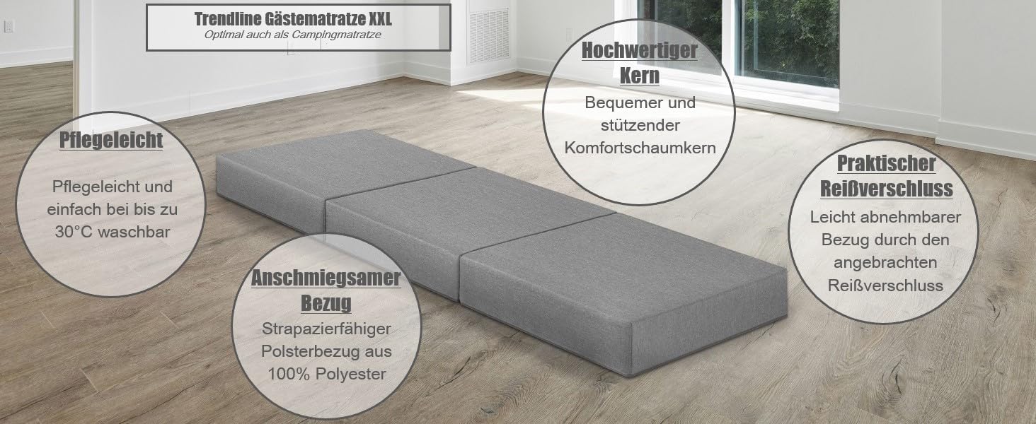 Складаний гостьовий матрац Badenia Trendline XXL, поліестер, 196x65x15,5 см, плюш, висота 15 см, сірий, з чохлом, сертифікат OEKO-TEX, німецька якість