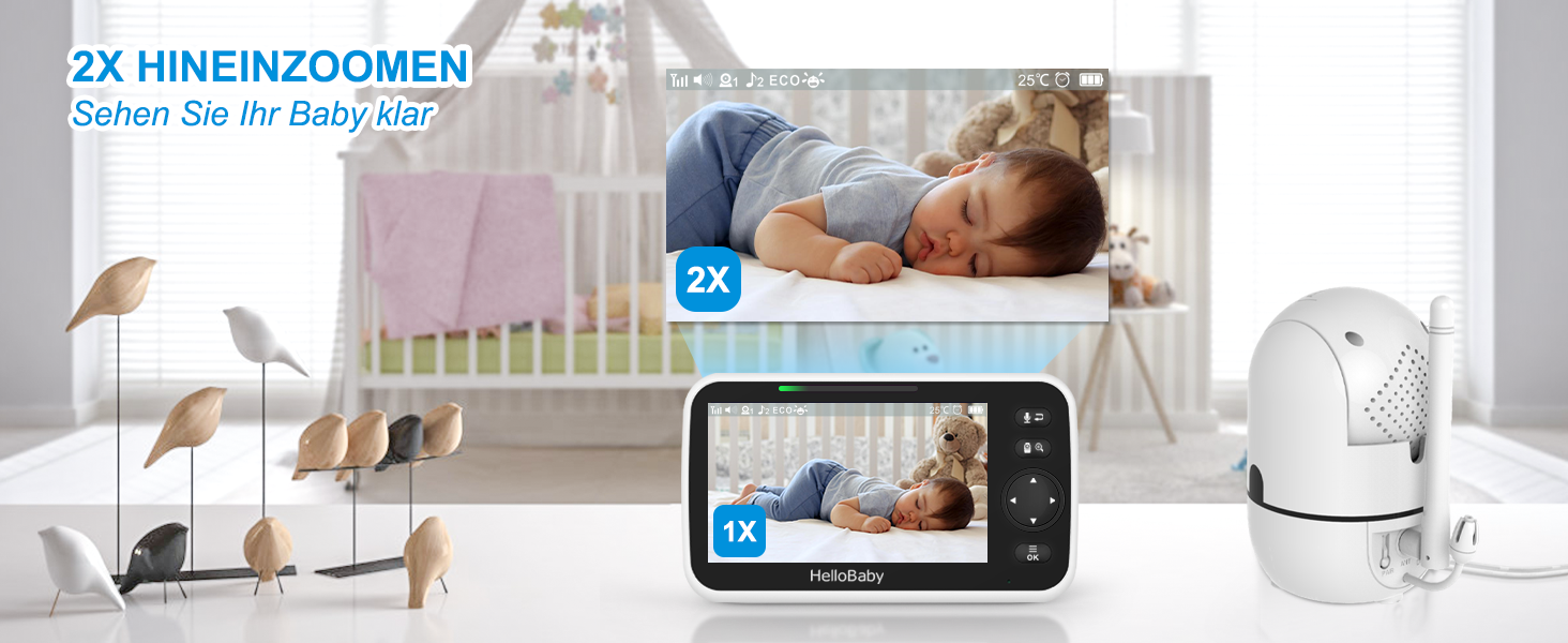 Дитячий відеоняня HelloBaby HB6550 з камерою, акумулятор 3500 mAh, 5-дюймовий екран, поворот 355°/нахил 120°, 2-сторонній аудіо, датчик температури, 8 колискових, нічне бачення