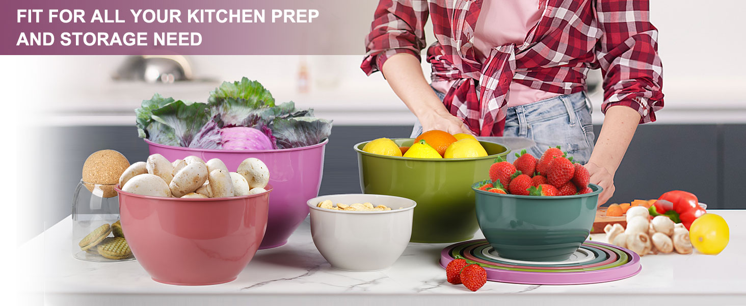 Набір салатниць з кришкою, міски для перемішування з пластику, набір вкладишів для кухні, великі салатниці, сервіровочні миски для змішування та подачі, BPA-free, фіолетовий