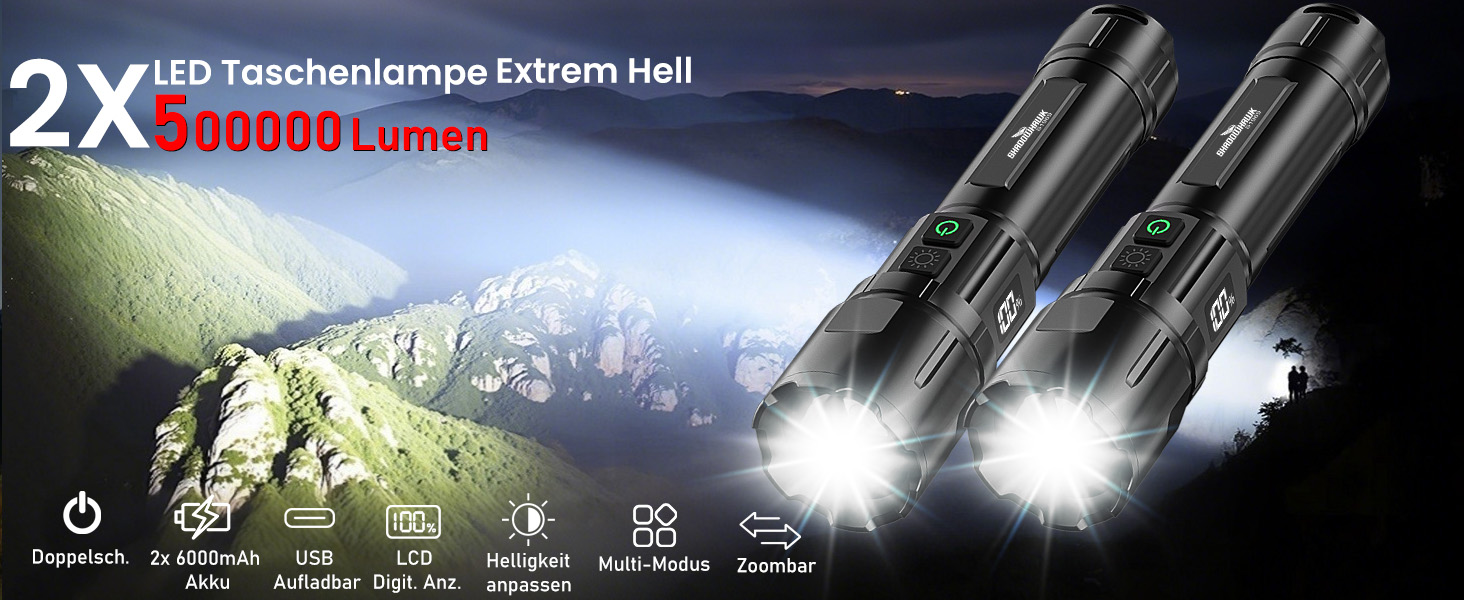 Ліхтарик Shadowhawk LED перезарядна 2 шт. | Тактичний ліхтарик (2 вимикачі) 500000 люмен, дальність до 1000м, час роботи 12 год для кемпінгу/відпочинку на природі/походів, регульована яскравість, чорний