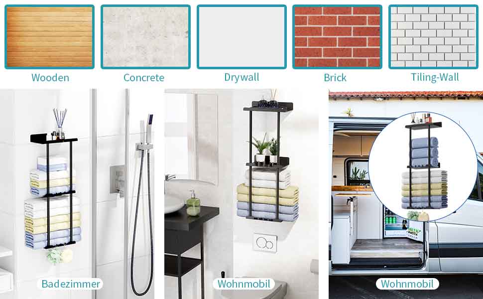 Тримач для рушників без свердління, чорний, з 6 гачками та полицею для ванної кімнати та кухні