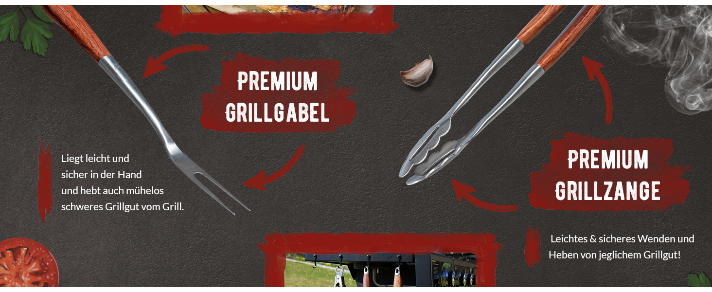 Набір гриль-посуду Grillart® Premium: 3 предмети з нержавіючої сталі та дерев'яними ручками (щипці, лопатка, виделка)