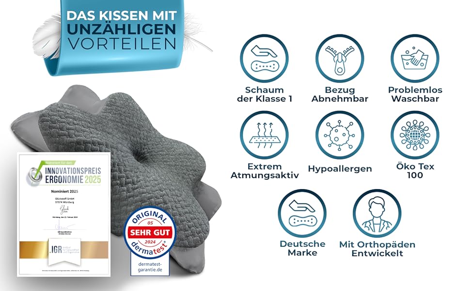 Ортопедична подушка Glückstoff для всіх типів сну, ергономічна, з пам’яттю форми, проти болю в шиї, сіра