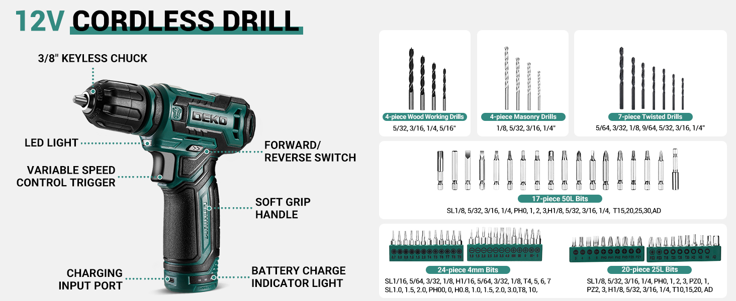 Набір акумуляторної дрилі DEKO 12V: 238 штук інструментів у кейсі. Акумуляторний дриль-шуруповерт для дому, жінок та базового ремонту. Зелений.