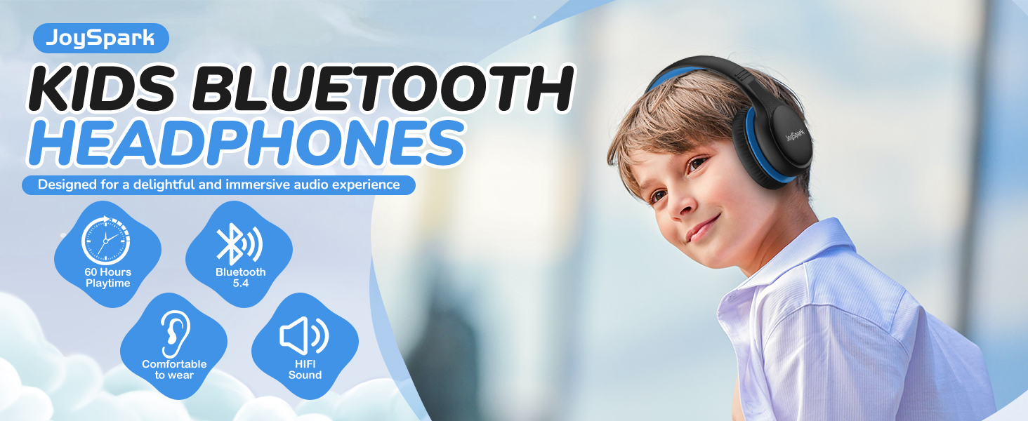 Дитячі Bluetooth навушники JoySpark з мікрофоном, 60 годин роботи, Bluetooth 5.4, Type-C, обмежувач гучності 85/94dB, складні, чорно-синій колір