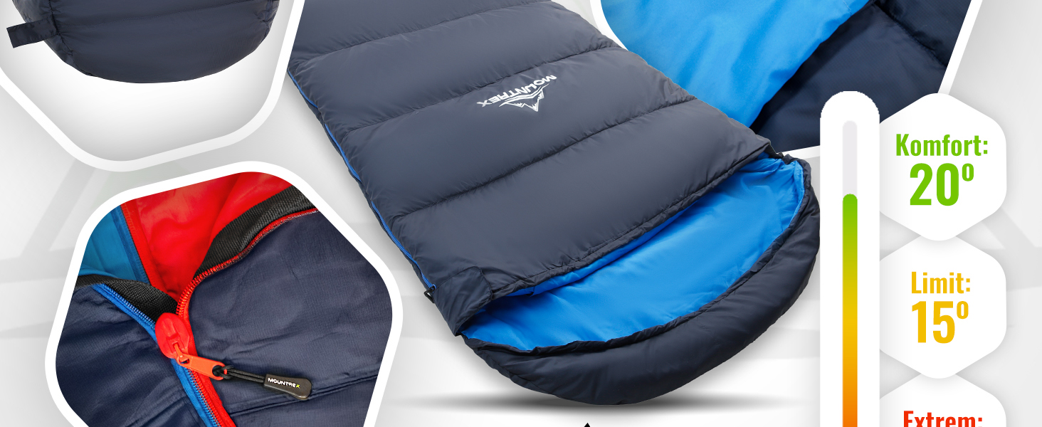 Сплячий мішок MOUNTREX® - компактний та ультралегкий (760г/1500г) - Outdoor (100GSM) / 3-4 сезони (300GSM) - Мумієвидний спальний мішок - для кемпінгу, подорожей, фестивалів - теплий та з'єднувальний (Темно-синій/Синій), літній спальний мішок
