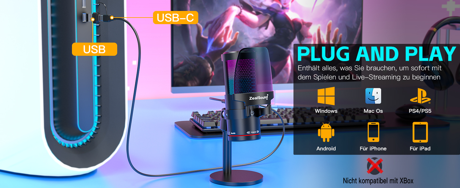 Zealsound USB мікрофон для ПК та мобільного телефону: RGB, з регулюванням гучності, кнопкою вимкнення звуку, поп-фільтром, тримачем-амортизатором та підставкою. Для подкастів, стрімінгу, Discord, YouTube, TikTok (KM8)