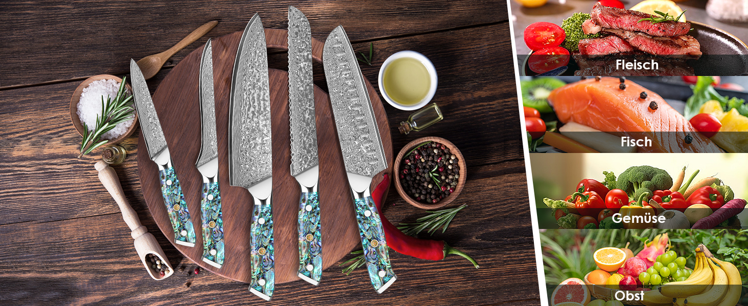 Набір кухонних ножів Damast Santoku 5шт з лезом 18 см (VG-10 сталь, ручка Abalone), подарункова коробка