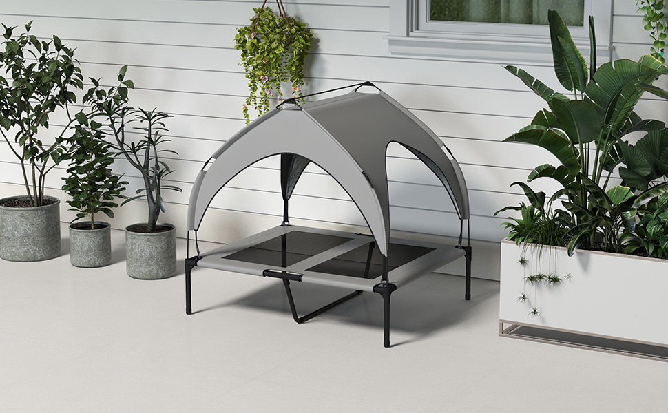 PawHut Підвищене собаче ліжко з балдахіном, ліжко для домашніх тварин, вулиця, лежанка для собак з дахом, дихаюча, для міні та маленьких собак, Оксфорд 61 x 46 x 63 см (Д 91 x Ш 76 x В 89 см, світло-сірий)