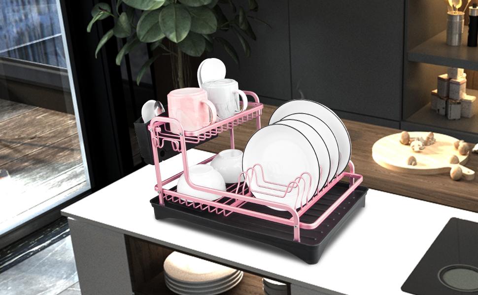 Стійка для сушіння посуду Tomorotec з алюмінію, 2 яруси, з піддоном та тримачем для столових приборів, матовий рожево-золотий