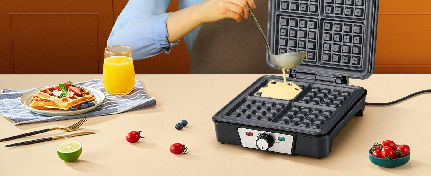 Вафельниця VINATO для приготування 4 бельгійських вафель, 1200 Вт, антипригарне покриття, регулювання температури, чорний колір