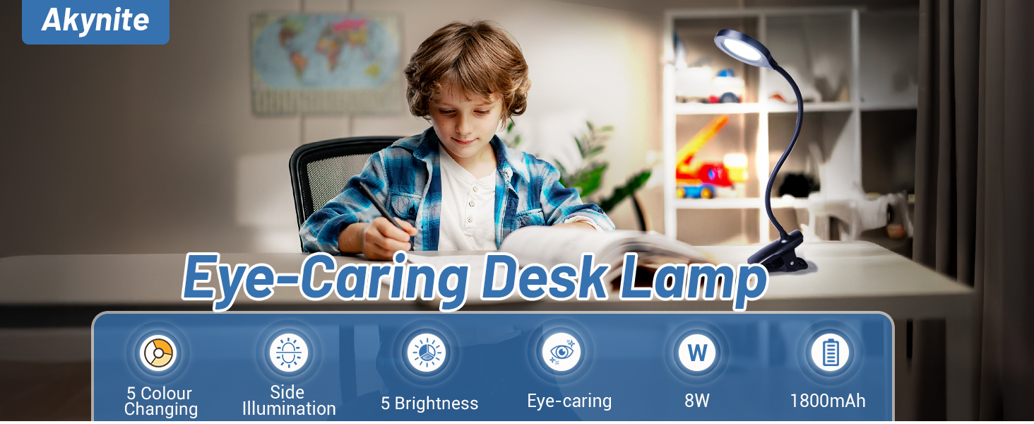 LED лампа для читання Akynite з акумулятором, 5 кольорів та 5 рівнів яскравості, кріпиться на ліжко, дитячий столик, чорна
