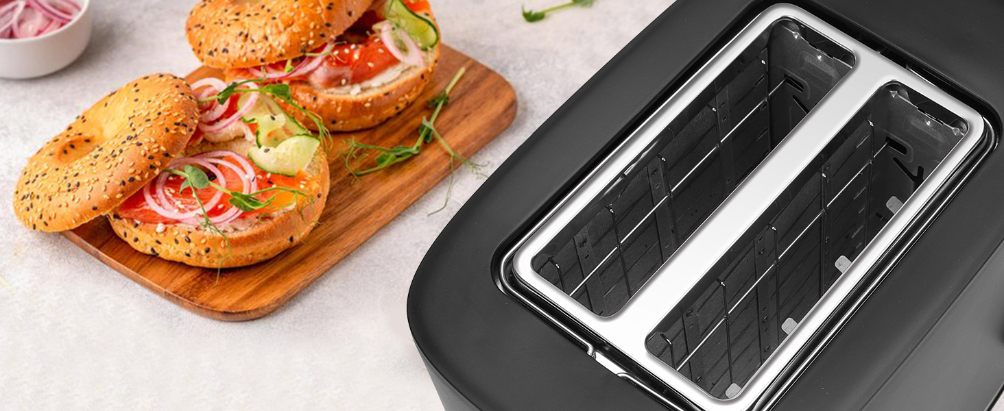 Тостер Aigostar Energy з 2 слотами для тостів, підставка для булочок, 6 рівнів підсмажування, функції відключення, розморожування та підігріву, знімний піддон для крихт, 800W, чорний