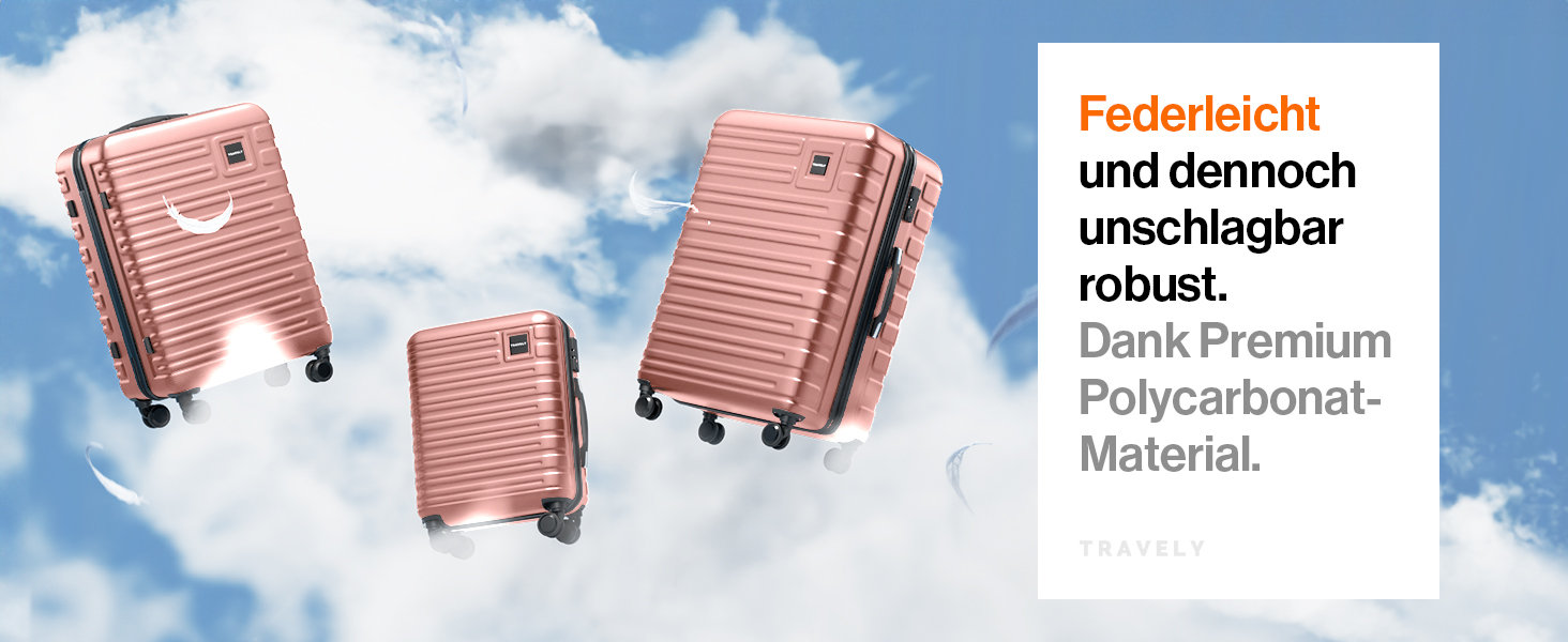 Набір валіз Travely з полікарбонату: 77см, 67см, ручна поклажа, TSA-замок, рожеве золото