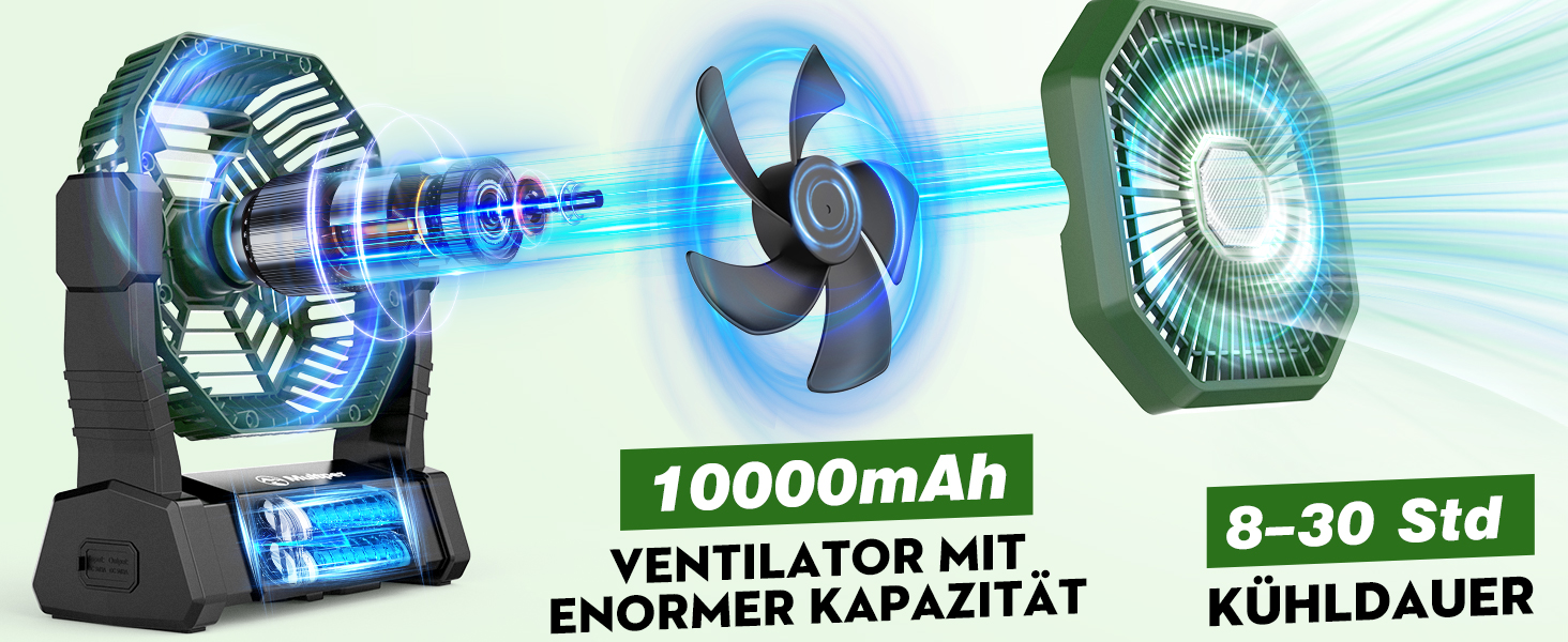 Акумуляторний кемпінговий вентилятор з LED-підсвіткою та Powerbank 10000mAh, портативний безшумний вентилятор для намету з пультом та таймером, чорно-зелений