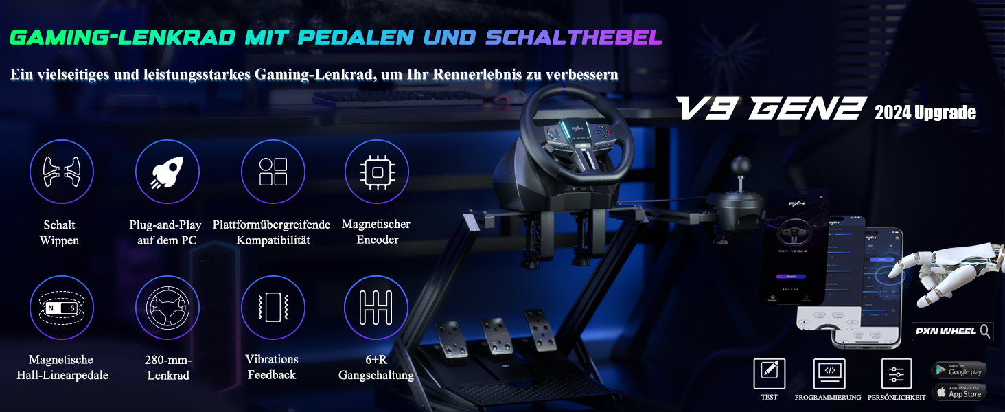 PXN V9 Gen2 Ігрове кермо для ПК, Xbox та PS4 з педалями та перемикачем передач, 270° оберт, 900° кут повороту, ефект Холла, вібрація