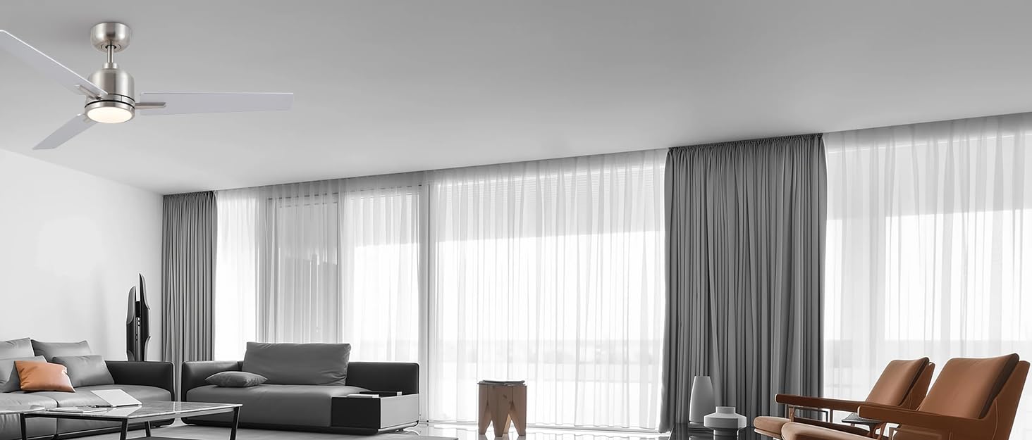 Стеляний вентилятор Newday з дерева білого кольору, 122 см з підсвіткою та пультом керування. Тихий вентилятор на стелю з лампою, регульована яскравість, DC мотор, реверсивний режим для спальні та вітальні (122-silber-holz)