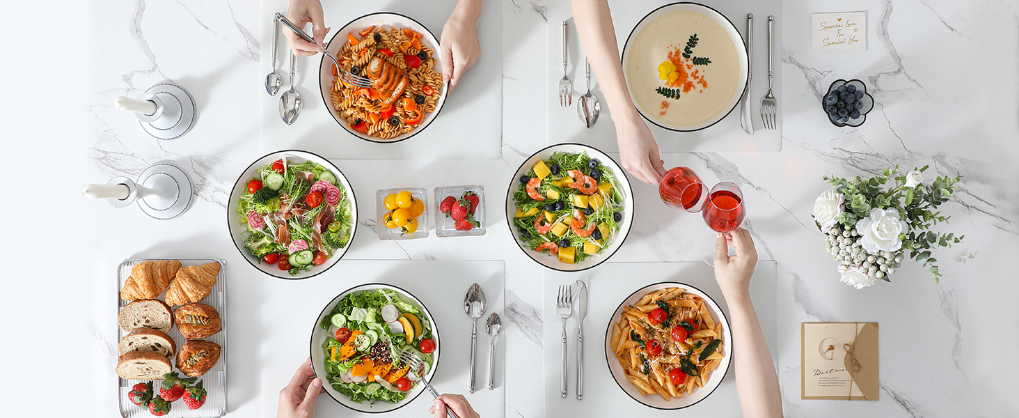 MALACASA Набір посуду 6 предметів: тарілки для пасти, супу, салату, сервірування. Глибокі тарілки для спагеті, велика супова миска. 1250 мл, білий з чорним обідком. Кераміка, преміум якість.