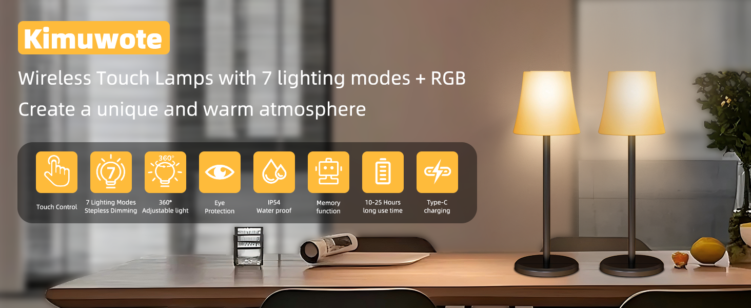 Настільна LED лампа бездротова акумуляторна з димером та RGB підсвіткою, сенсорне управління, водонепроникна IP54 для дому, офісу, ресторану