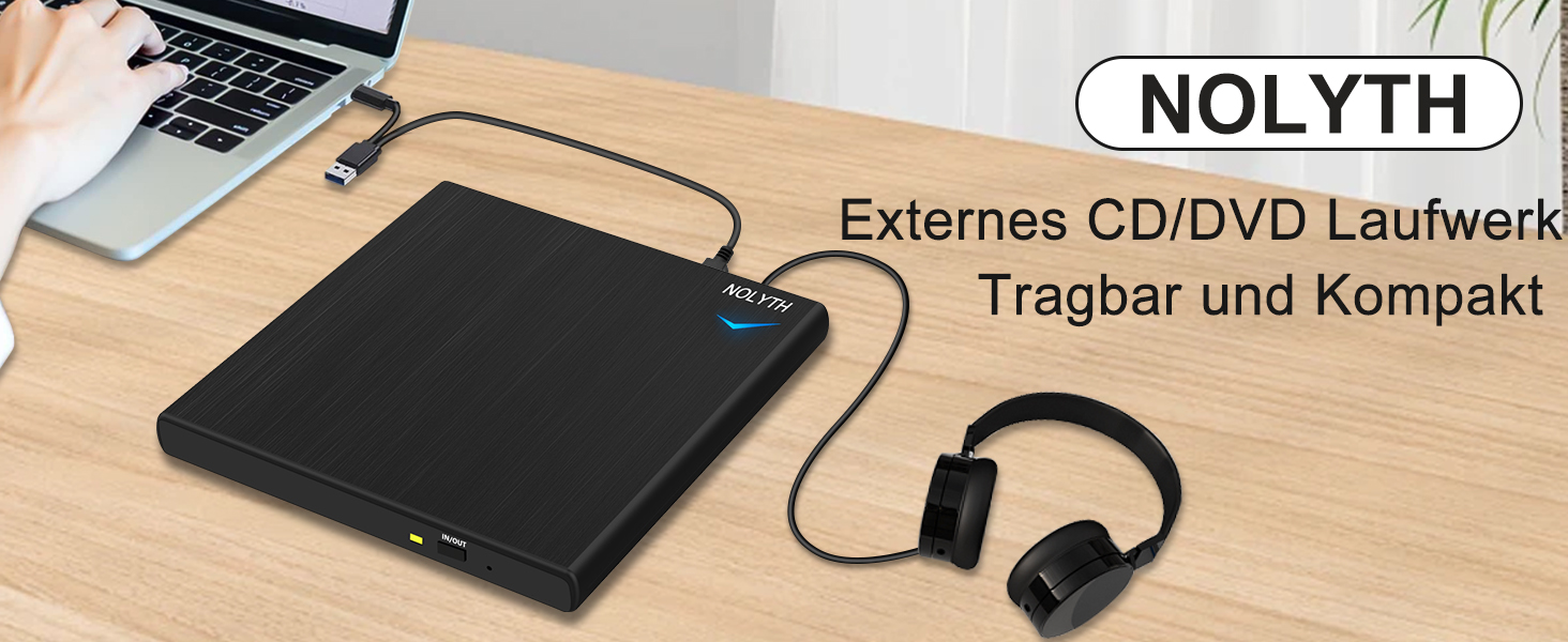 Зовнішній CD/DVD привід для ноутбука USB-C та USB: портативний DVD-плеєр та записувач для Mac, MacBook, Windows