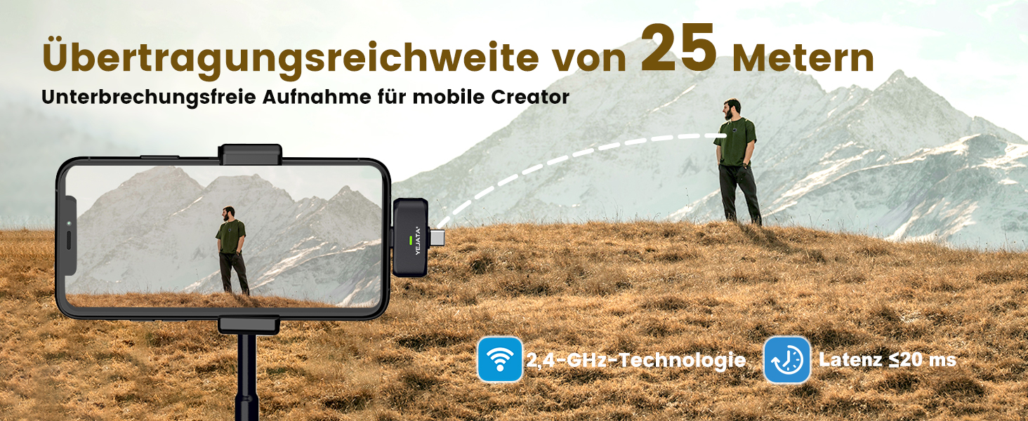 Мікрофон 2-в-1 для iPhone та Android з шумозаглушенням, кейс на 40 годин, магнітна застібка та кріплення для інтерв'ю, жовтий, 25 метрів