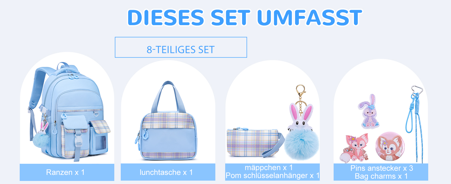 Шкільний рюкзак для дівчаток, водонепроникний та дихаючий, для 1-5 класів з відділенням для ноутбука, блакитний + ізольована ланч-сумка + пенал