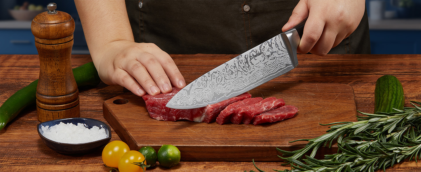 D.Perlla Self-Sharpening Knife Block Set - 14 Piece Stainless Steel Knife Set with Plastic Handle & Wood Block - Professional Kitchen Knife Set