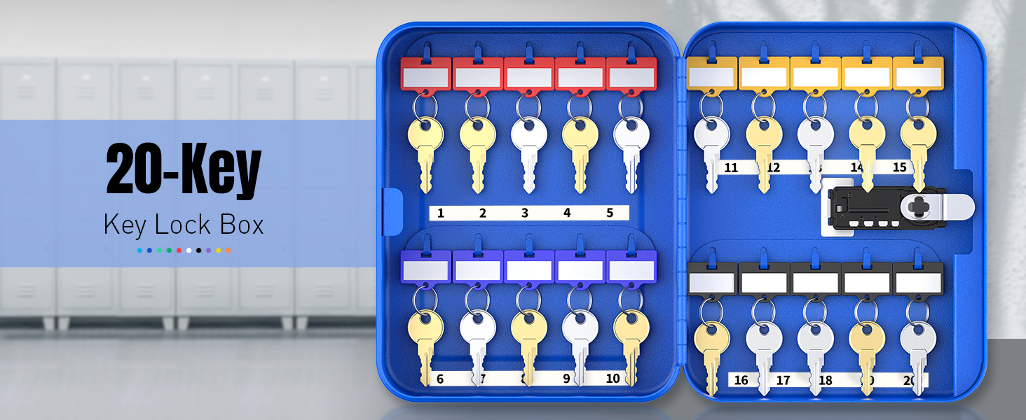 Шкафчик для ключів Uniclife на 60 позицій з комбінацією та ключовим замком, переналаштовується, цифрова скринька безпеки, органайзер для ключів з регульованими полицями (20 ключів, блакитний)