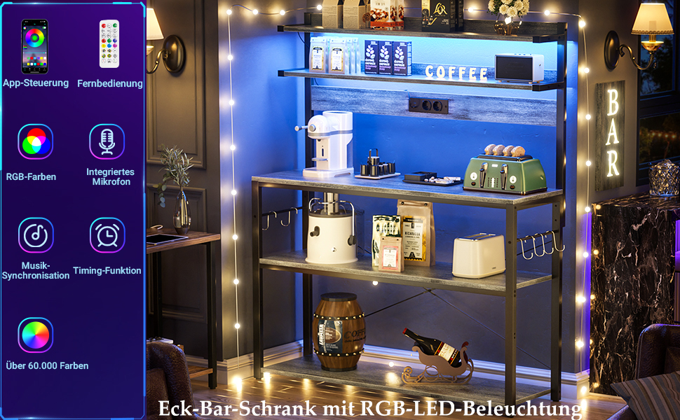 Кухонна полиця-стійка з розеткою, підставка для мікрохвильовки, 5-рівнева кавобар з LED-підсвічуванням, полиця для спецій, каструль та сковорідки (80см, Білий дуб)