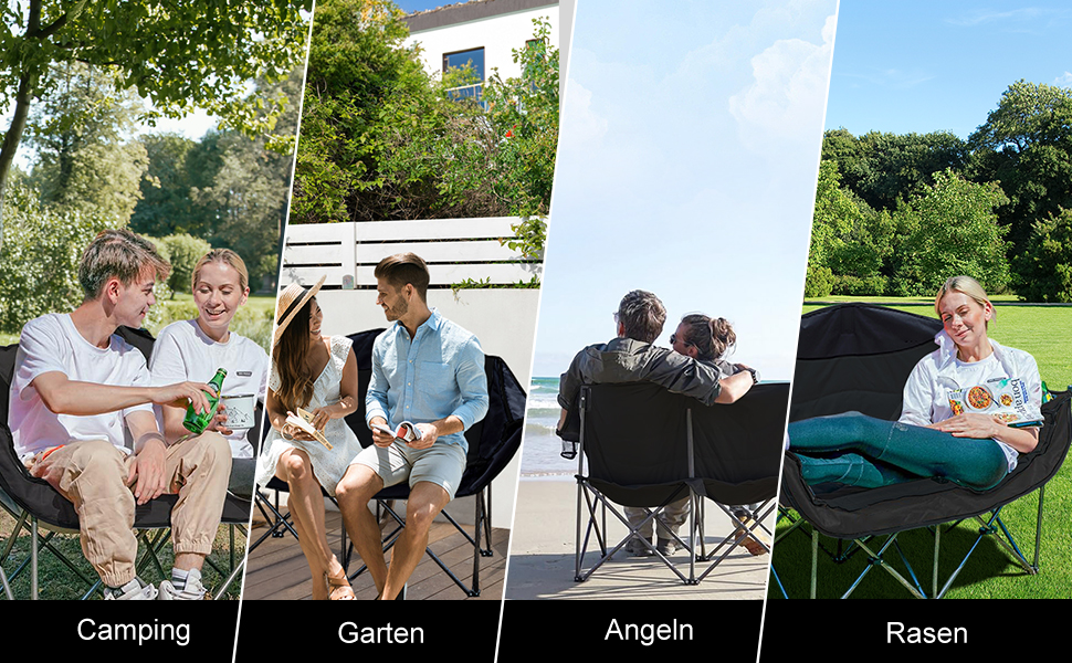 Кампанінг стілець подвійний великий, м'який, з підсклянником, складаний для 2 осіб, чорно-білий