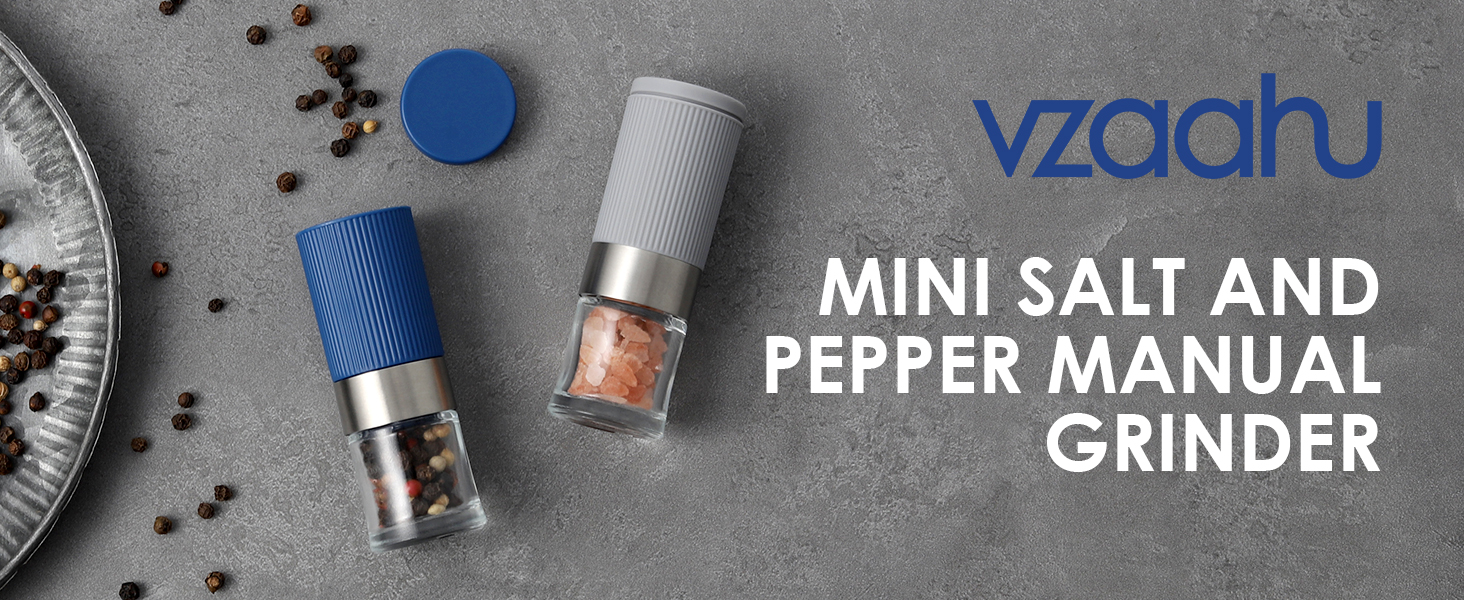 Набір міні-меленців для солі та перцю Vzaahu (2 шт.) з керамічним механізмом, кориця, регульована ступінь помелу, сірий та блакитний, портативні, багаторазові