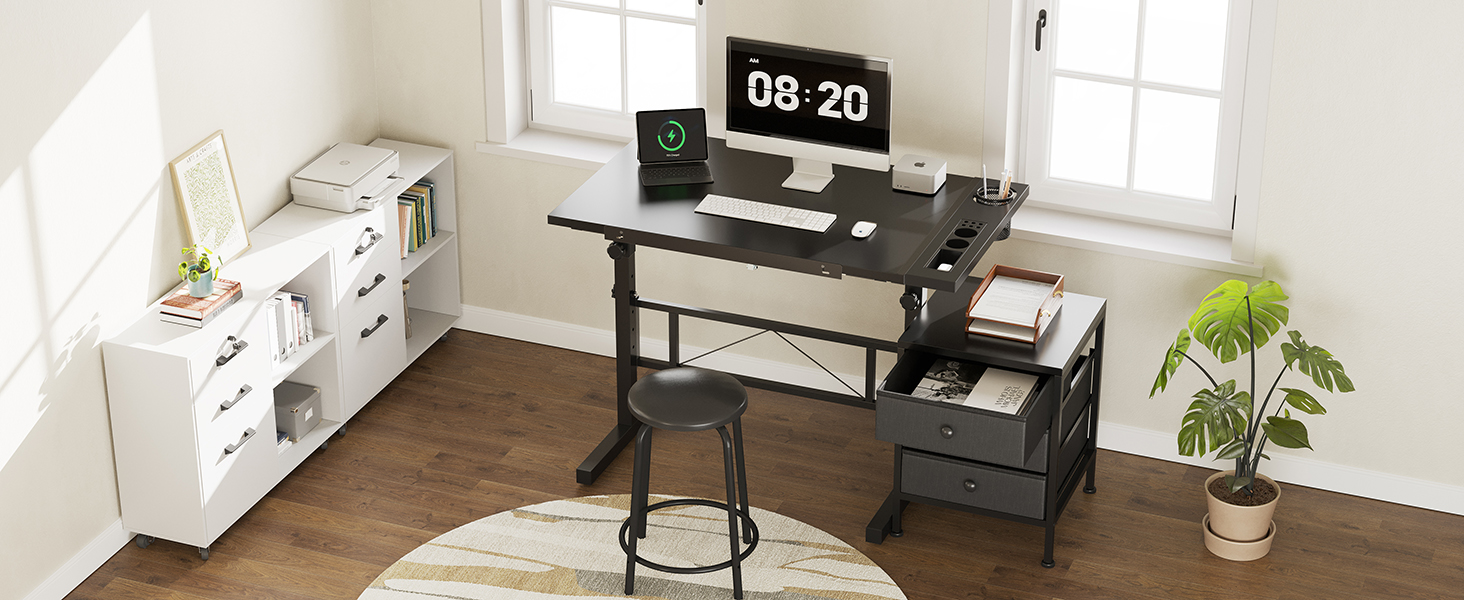 Adjustable Drafting Table with Tilt & Height - Drawing & Computer Desk with Stool & Storage - Wood Finish (Black + Storage Cabinet)