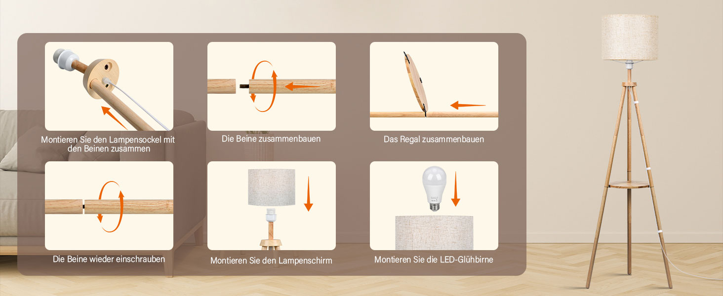 Стельова лампа для вітальні з полицею, дерев'яна LED-стійка лампа з регулюванням яскравості, тринога, 3 колірні температури, таймер на 30/60 хвилин, абажур, вимикач на корпусі для вітальні, спальні, офісу.