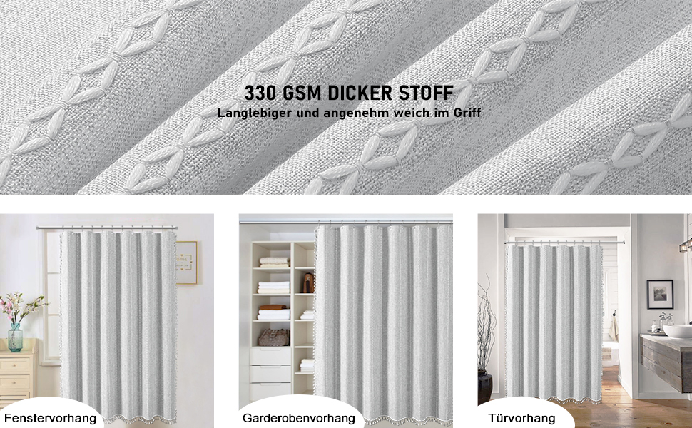 Шторка для душу BTTN 182 x 200 см, Бохо-фермерський стиль, важка тканина, з бахромою, водонепроникна, з вантажами, 12 гачків (сіра, смугаста)