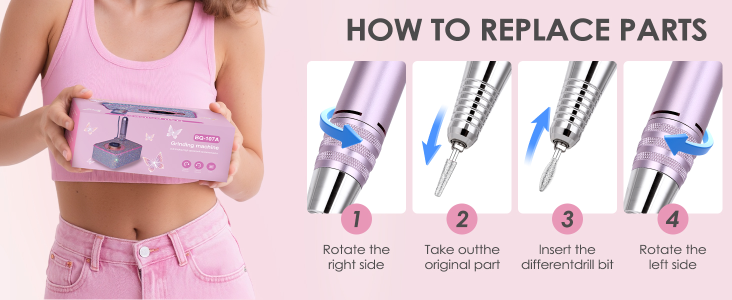 Професійна електрична машинка для манікюру та педикюру 45000 RPM, рожева, з алмазним фрезером, для салонного та домашнього використання