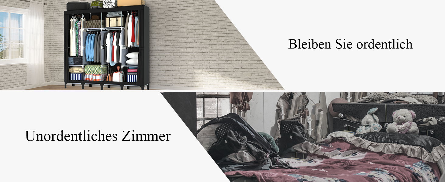 Тканинна шафа LOEFME 170x175x45 см для спальні, чорна, з 2 рейками для вішалок