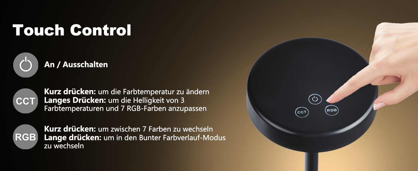 LED-лампа настільна бездротова, акумуляторна, 3 кольори, RGB, регульована яскравість, сенсорне керування, чорна. Підходить для вітальні, спальні, ресторану, вечірки, кав'ярні.