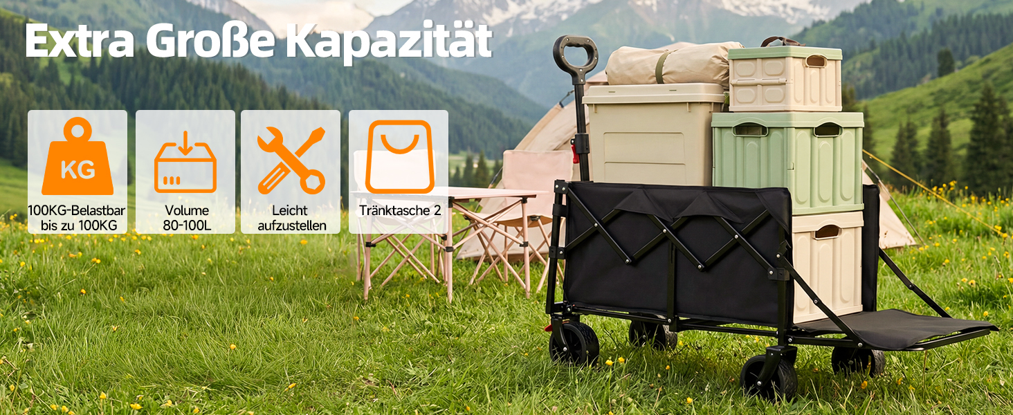 Візок складний HAUSPROFI 80-100л, вантажопідйомність 100кг, гальмівна система, для бездоріжжя, з бічною кишенею та тримачем для напоїв – для кемпінгу, саду, покупок