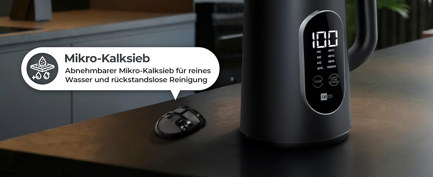 Електричний чайник Aeco AQA NEO з нержавіючої сталі, 1.7 л, 2150 Вт, без BPA, фільтр від накипу, бездротовий, CoolTouch, шампань срібло (Aqa Elite (чорний матовий))