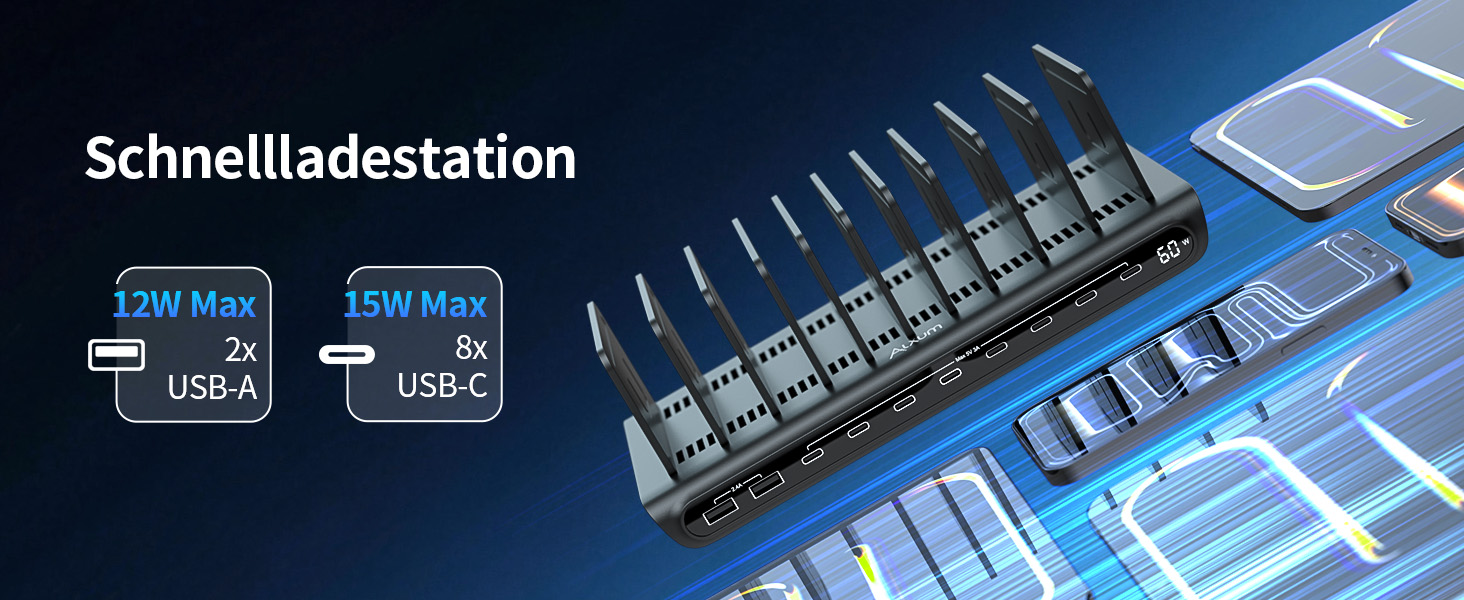 Зарядний пристрій Alxum 60W USB багатопортовий на 10 портів (8 USB-C + 2 USB-A) для телефонів, планшетів, Kindle – чорний