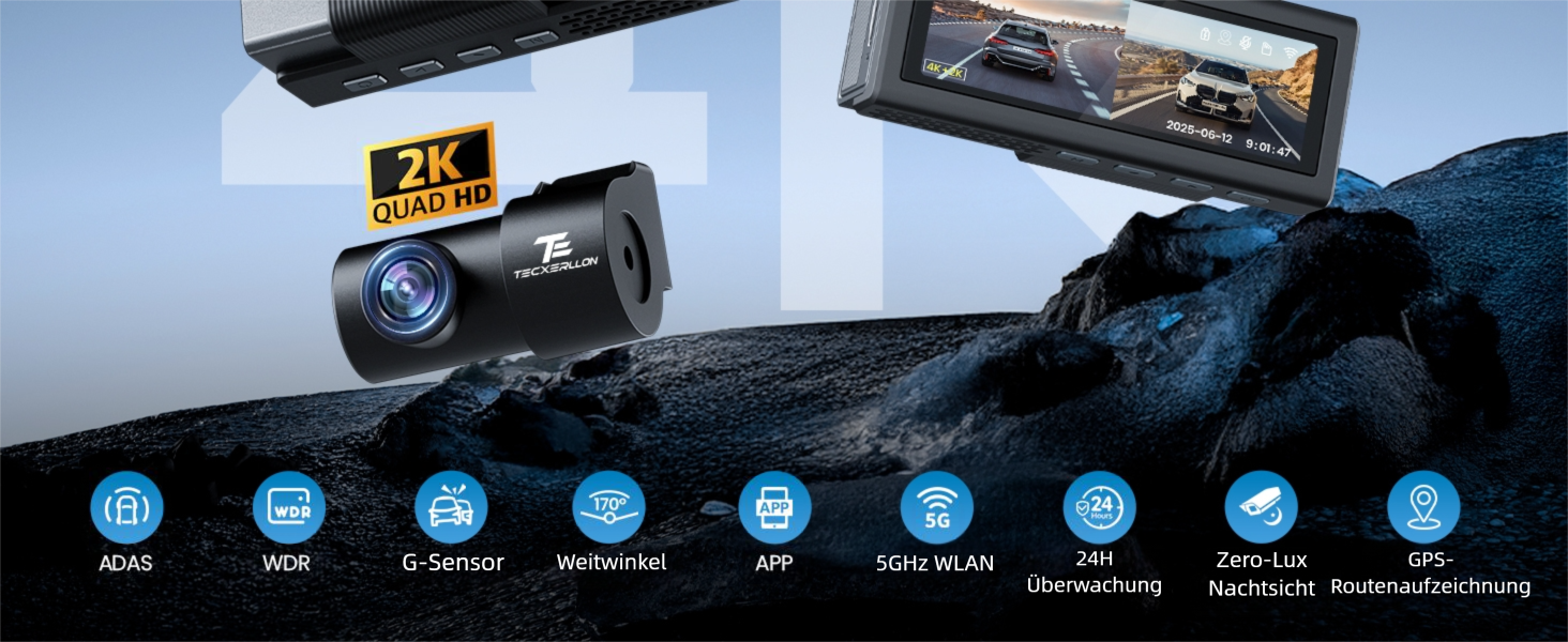 Відеореєстратор TECXERLLON 4K з ADAS, GPS, WDR, G-сенсором та нічним баченням, 24/7 парковка, 128GB карта в комплекті