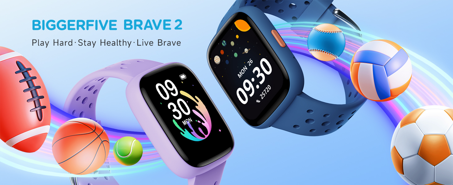 Смарт-годинник BIGGERFIVE для дітей, 1.8' - фітнес-трекер, пульсометр, монітор сну, водонепроникний (IP68), ігри, для дівчаток та хлопчиків 5-16 років, блакитний
