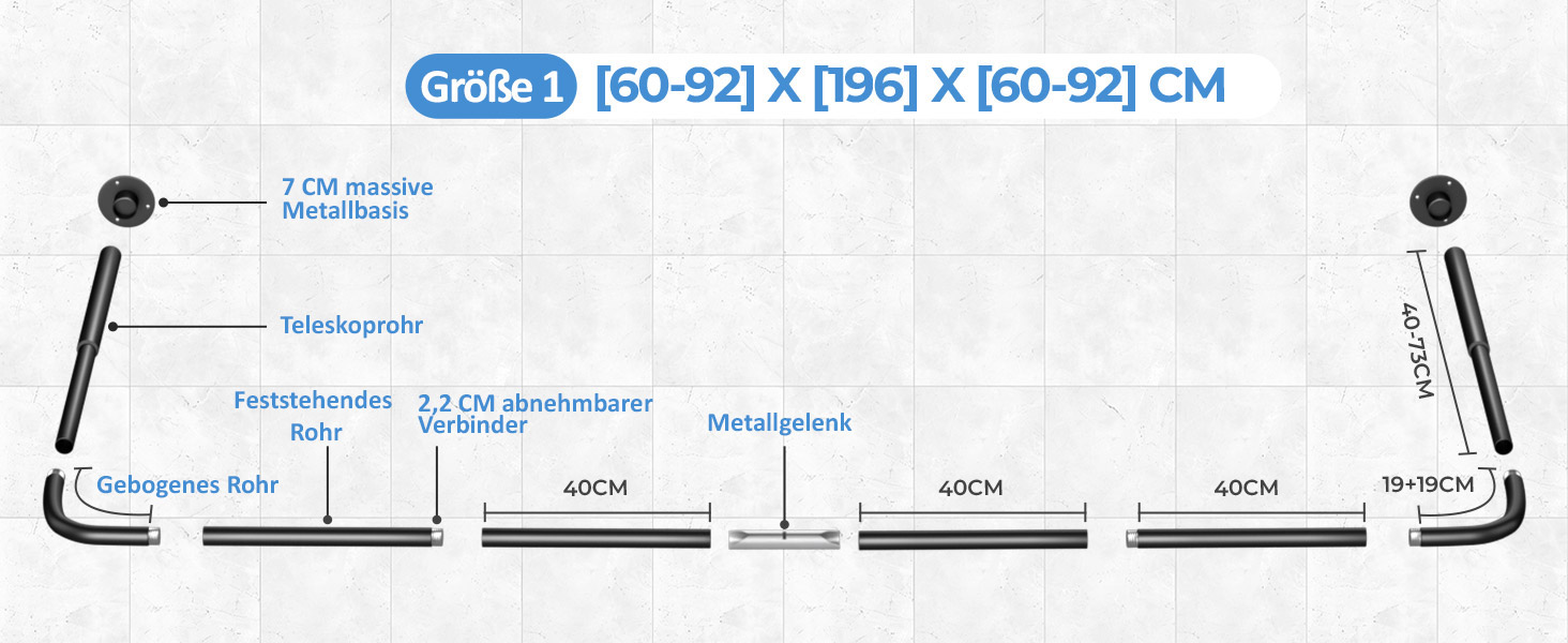 Регульована душова штанга U-подібної/L-подібної форми, 60-92 x 78-196 x 60-92 см, з 12 кільцями для шторки та підпоркою для стелі, чорна. Підходить для ванни/ванної кімнати. Потрібне свердловий монтаж.