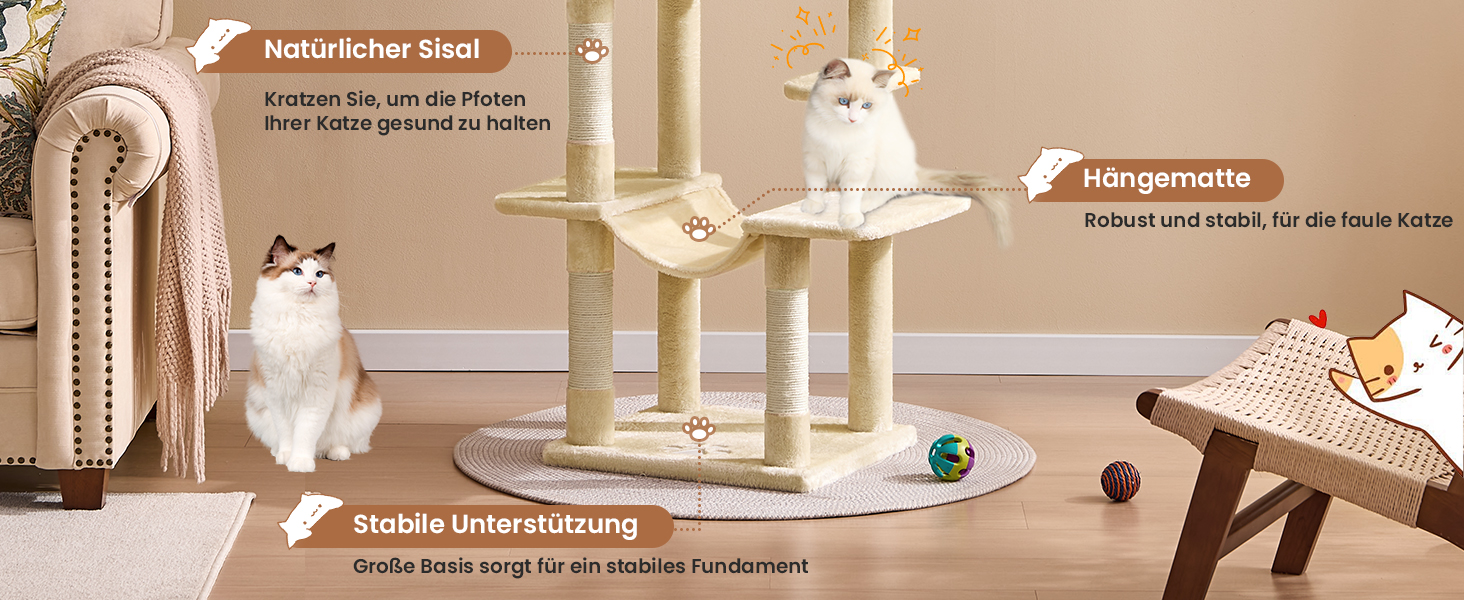 Кігтеточка для котів MSmask велика, багатоповерхова, з платформами, гамаком та сизалевими стовпчиками (бежева)